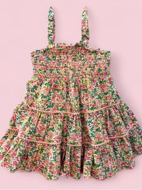 Joie Floral Pink Lined Cotton Smocked Tiered Dress Sz 4T